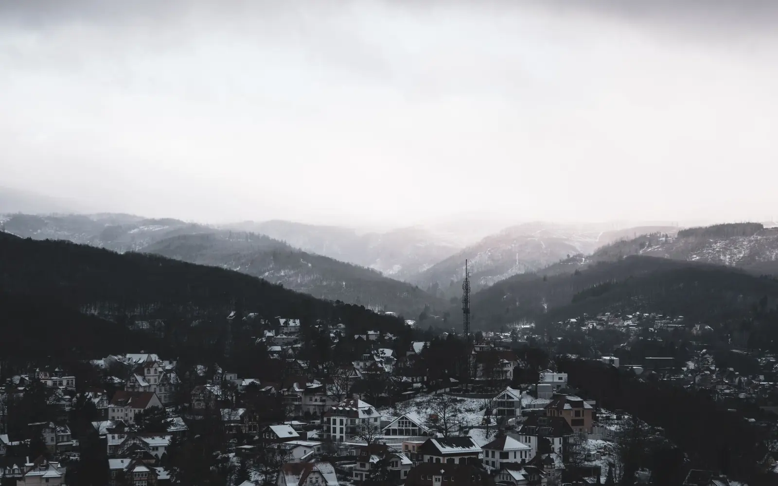 Snow-covered mountain town in winter