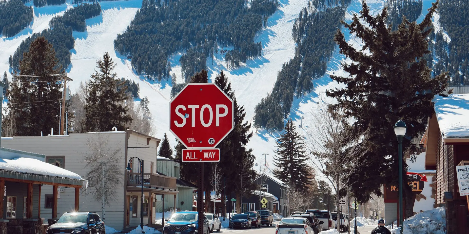Small-town main street in Wyoming under snow